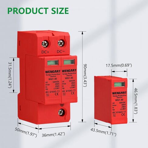Wengart Surge Protective Arrester Device,DC500V 2P 20~40kA 36mm DIN Rail Mount,Low Voltage Arrester Device for Lightning Protection Power Distribution and Control Appliances in Saudi Arabia