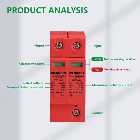 Wengart Surge Protective Arrester Device,DC500V 2P 20~40kA 36mm DIN Rail Mount,Low Voltage Arrester Device for Lightning Protection Power Distribution and Control Appliances in Saudi Arabia