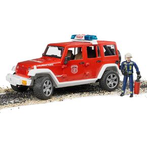 Bruder Jeep Rubicon Fire Rescue Vehicle with Electronic Emergency Siren Sounds and Fireman Figurine