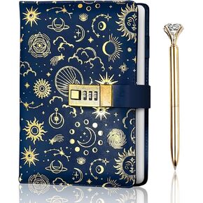 Navy Blue NightSky Diary with Lock , Gold Foil PU Leather Journal with Lock bundled Pen , Notebook with Lock , Lock Journal , Locking Journal , Locked Journal , Lockable Diary , Locking Diary Journal