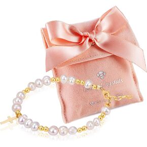 Baby Girl 14K Gold Plated Beads Cross Bracelet, White Cultured Freshwater Pearls, Beaded Bracelets for Girls, Birthday Girl, Christening, Communion, Baptism Gifts for Girl
