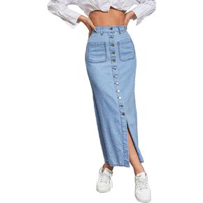 SweatyRocks Women's High Waist Button Front Straight Hem Denim Skirt Casual Split Hem Pocket Long Jean Skirt