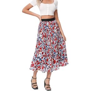 Women’s Floral Print Midi Skirts Chiffon Ethnic Elastic High Waist Casual Pleated Swing Skirts