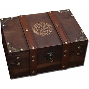 vuagmiv 8.3" Wood and Leather The Runic Viking Compass Chest Box, Vegvisir Engraved Wooden Treasure Box with Velvet Lining, Vintage Tarot Box (Box Only)