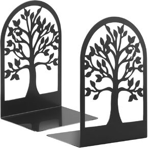 Metal Bookends, Heavy Duty Bookend for Shelves, Tree Book End to Hold Books, Bookend Stopper, Book Supports for Kid, Non-Skid, Black (1 pair/2Pcs) for Office Home Kitchen, Modern Decorative