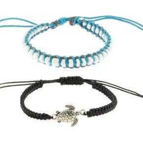 BlueRica 2 Piece Adjustable Bracelet Set ~ Macrame Sea Turtle Bracelet & Puka Shell Beads Bracelet