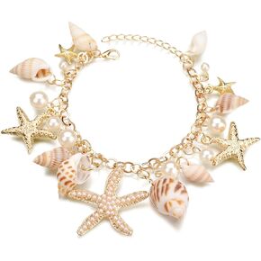 Shell Starfish Bracelets,Seashell Bracelet,Conch Starfish Bracelet Anklet,Summer Beach Bracelets,Pearl Charm Bracelets,Boho Adjustable Bracelets for Teen Girls,Ocean Beach Jewelry for Women Girls