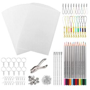 188 Pcs Heat Shrink Plastic Sheets Keychain Kit Includes 20 Pcs Shrink Art Film Paper Sheets, Keychains Accessory, Ear Hooks, Hole Punch 12 Colored Pencils for Kids DIY Mothers Day Creative Craft