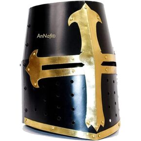 AnNafi® Medieval Knight Crusader Armour Helmet | Black Finish Sugarloaf and Brass Design Templar Helmet | Great Greek Roman Spartan Helm A+ | Wearable For Adult | Medieval Costumes |