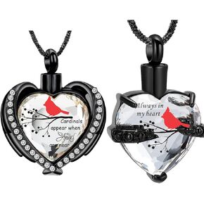 Yinplsmemory 2 Pieces Red Cardinal Urn Necklace for Ashes Keepsake Memorial Crystal Heart Urn Locket for Human/Pet Cremation Jewelry