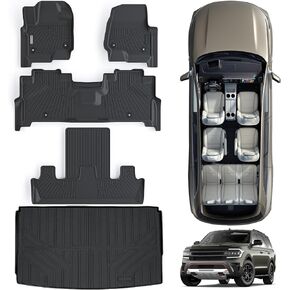 سجادات الأرضية وحصيرة صندوق السيارة لسيارة Ford Expedition MAX 2018-2023 2024-8 مقاعد (مقعد الصف الثاني) - (تناسب الحد الأقصى أو L فقط)، حماية من جميع الأحوال الجوية، 3 صفوف من بطانات أرضية السيارة مع بطانة للحمولة