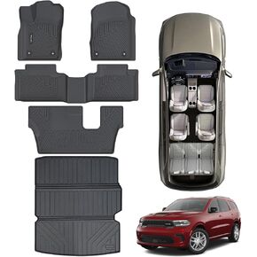 سجادات أرضية وبطانة شحن مع مسند ظهر لـ 2016-2024 Dodge Durango 6 Passenger مع مقاعد دلو ثانية لجميع الأحوال الجوية حماية من المطاط TPE مجموعة كاملة من بطانات الأرضية وإكسسوارات السيارات، أسود