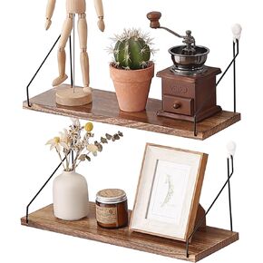 Floating Shelves for Wall No Drilling 20 Inch 2 Sets Rustic Natural Pine Wooden Shelf Wall Mounted Storage 3 Mounting Options Renter Friendly Shelves for Bathroom Living Room Bookshelf (Dark Brown)