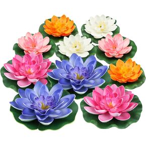10PCS 3 Sizes Artificial Foam Lotus Floating Flowers with Water Lily Pad Ornaments for Home Garden Pond Decor Pools Water Decorations, Colorful