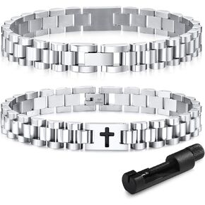 VNOX Silver Cross Bracelets for Men, Cool Mens Stainless Steel Metal Chain Link Jesus Christian Bracelet for Men, Religous Faith Jewelry Baptism Easter Confirmation Christmas Gifts Ideas for Men Women Teen Boys,Adjustable