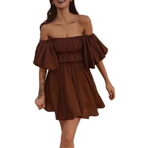 Zempertoopa Women 's Off Shoulder Mini Dress Short Puff Sleeve Flowy Dress Ruffle White Pirate Dress Casual Clubwear