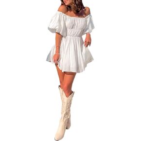 Zempertoopa Women 's Off Shoulder Mini Dress Short Puff Sleeve Flowy Dress Ruffle White Pirate Dress Casual Clubwear