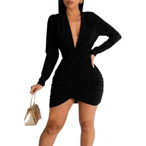 FairBeauty Women's Sexy Sparkly V Neck Long Sleeve Ruched Metallic Bodycon Club Mini Dresses