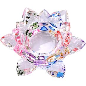 OwnMy 4.5 Inch Crystal Lotus Candle Tealight Holder, Glass Candle Lamps Holder Night Light Candlestick with Gift Box for Altar windowsill Home Decor Christmas Wedding Party (Rainbow)