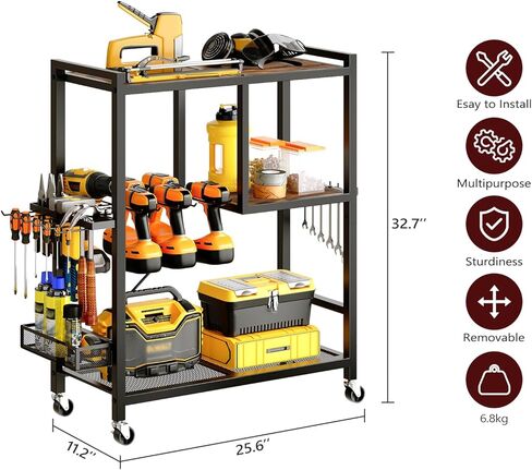عربة تنظيم الأدوات الكهربائية بعجلات، منظمة تخزين المرآب، حامل أدوات رف رف الحفر 6-8، عربة أدوات دوارة متنقلة مفتوحة صندوق خزانة الصدر لمنضدة العمل، ورشة عمل TCHR9901 in Kuwait