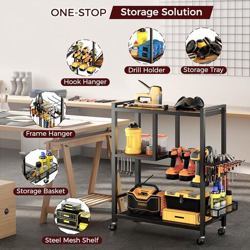 عربة تنظيم الأدوات الكهربائية بعجلات، منظمة تخزين المرآب، حامل أدوات رف رف الحفر 6-8، عربة أدوات دوارة متنقلة مفتوحة صندوق خزانة الصدر لمنضدة العمل، ورشة عمل TCHR9901 in Kuwait