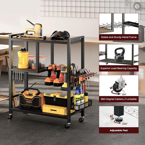 عربة تنظيم الأدوات الكهربائية بعجلات، منظمة تخزين المرآب، حامل أدوات رف رف الحفر 6-8، عربة أدوات دوارة متنقلة مفتوحة صندوق خزانة الصدر لمنضدة العمل، ورشة عمل TCHR9901 in Kuwait