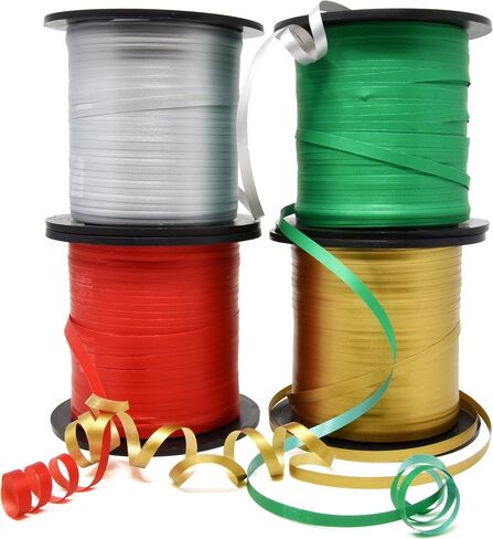 مجموعة شريط تجعيد عيد الميلاد من Gift Boutique مكونة من 4 لفات باللون الأخضر والأحمر والذهبي والفضي؛ ديكورات لوازم حفلات العطلات - 350 ياردة لكل لفة - إجمالي شريط 4200 قدم 5 مم in Saudi Arabia