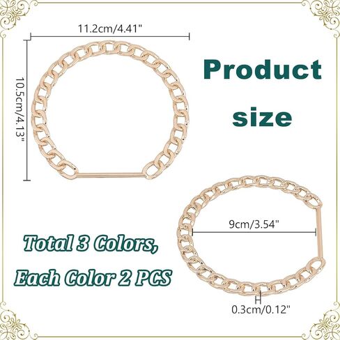 PH PandaHall 6pcs Chain Bag Handle, 3 Colors Metal Purse Handles Handbag Semicircle Handbag Handle PU Leather Bag Handles Replacement Handles for 4.13 Inch Decorative Bag Making DIY Handmade Beach Bag in Saudi Arabia
