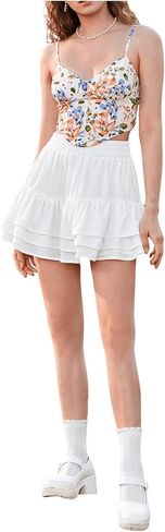 Milumia Women Y2k Solid Tiered Ruffle Mini Skirt Elastic High Waist Flare Short Skirts in Saudi Arabia