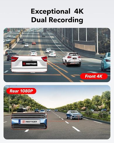 كاميرا REDTIGER 4K Dash Cam أمامية وخلفية 1080P مع مجموعة أسلاك صلبة، كاميرا سيارة WiFi GPS مدمجة مع بطاقة مجانية سعة 128 جيجابايت، تسجيل حلقي، رؤية ليلية، وضع ركن السيارة، التحكم الذكي في التطبيقات، كاميرا خلفية مقاومة للماء in Kuwait