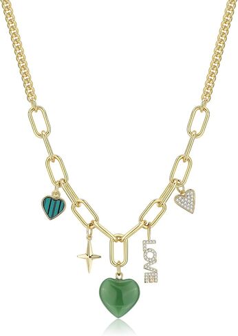Chunky Charm Necklace, Multi Heart Sun Moon Pearl Jade Healing Crystal Charm with 14k Gold Plated Chain in Saudi Arabia