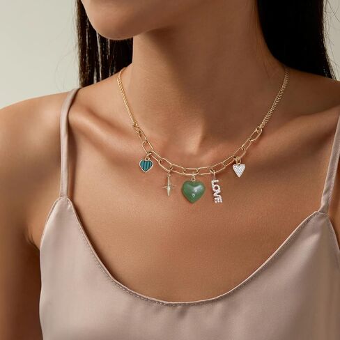 Chunky Charm Necklace, Multi Heart Sun Moon Pearl Jade Healing Crystal Charm with 14k Gold Plated Chain in Saudi Arabia