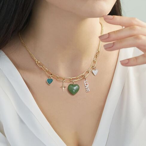 Chunky Charm Necklace, Multi Heart Sun Moon Pearl Jade Healing Crystal Charm with 14k Gold Plated Chain in Saudi Arabia