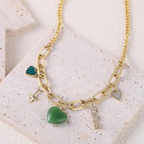 Chunky Charm Necklace, Multi Heart Sun Moon Pearl Jade Healing Crystal Charm with 14k Gold Plated Chain in Saudi Arabia