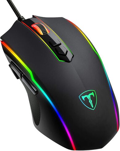 ماوس ألعاب سلكي من RisoPhy RGB، ماوس ألعاب الكمبيوتر الشخصي مع 8 أزرار قابلة للبرمجة، إضاءة خلفية Chroma RGB، 7200 نقطة في البوصة قابلة للتعديل، قبضة مريحة مريحة لألعاب الكمبيوتر الضوئية مع زر إيقاف، أسود in Kuwait