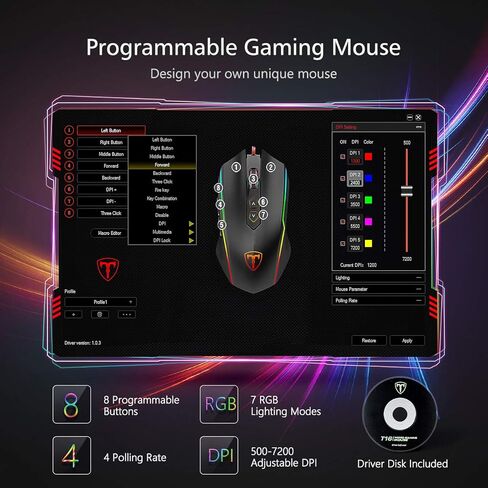 ماوس ألعاب سلكي من RisoPhy RGB، ماوس ألعاب الكمبيوتر الشخصي مع 8 أزرار قابلة للبرمجة، إضاءة خلفية Chroma RGB، 7200 نقطة في البوصة قابلة للتعديل، قبضة مريحة مريحة لألعاب الكمبيوتر الضوئية مع زر إيقاف، أسود in Kuwait