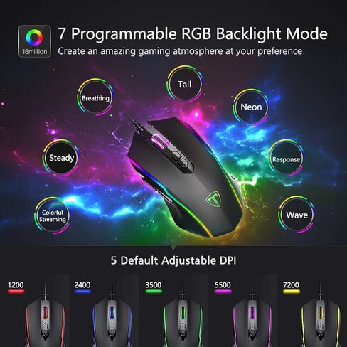 ماوس ألعاب سلكي من RisoPhy RGB، ماوس ألعاب الكمبيوتر الشخصي مع 8 أزرار قابلة للبرمجة، إضاءة خلفية Chroma RGB، 7200 نقطة في البوصة قابلة للتعديل، قبضة مريحة مريحة لألعاب الكمبيوتر الضوئية مع زر إيقاف، أسود in Kuwait