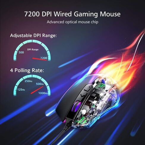 ماوس ألعاب سلكي من RisoPhy RGB، ماوس ألعاب الكمبيوتر الشخصي مع 8 أزرار قابلة للبرمجة، إضاءة خلفية Chroma RGB، 7200 نقطة في البوصة قابلة للتعديل، قبضة مريحة مريحة لألعاب الكمبيوتر الضوئية مع زر إيقاف، أسود in Kuwait