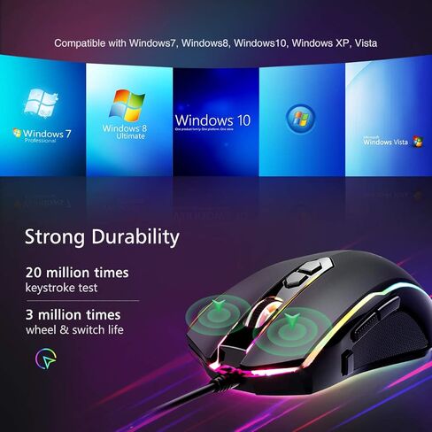 ماوس ألعاب سلكي من RisoPhy RGB، ماوس ألعاب الكمبيوتر الشخصي مع 8 أزرار قابلة للبرمجة، إضاءة خلفية Chroma RGB، 7200 نقطة في البوصة قابلة للتعديل، قبضة مريحة مريحة لألعاب الكمبيوتر الضوئية مع زر إيقاف، أسود in Kuwait