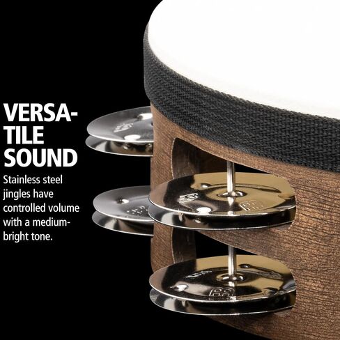 Meinl Percussion Traditional Goatskin Headed Wood Tambourine with Stainless Steel Jingles, Double Row — NOT Made in China — for All Musicians, 2-Year Warranty (TAH2WB) in Saudi Arabia