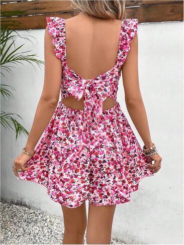 MakeMeChic Women's Floral Ruffle Sleeveless Romper Cutout Tie Back Wide Leg Summer Short Jumpsuits in Saudi Arabia