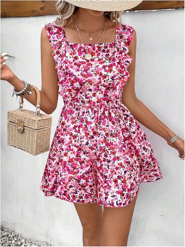 MakeMeChic Women's Floral Ruffle Sleeveless Romper Cutout Tie Back Wide Leg Summer Short Jumpsuits in Saudi Arabia