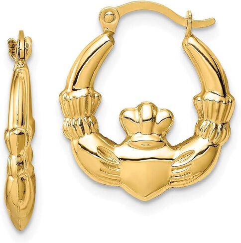 Solid 14k Yellow Gold Celtic Irish Claddagh Hoop Earrings in Saudi Arabia
