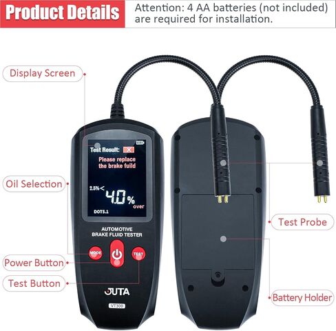 جهاز اختبار سائل الفرامل، JUTA VT300، كاشف سائل فرامل السيارة عالي الدقة، محلل رطوبة السائل/السائل/الزيت الهيدروليكي مع شاشة LCD DOT3 DOT4 DOT5.1، أجهزة استشعار مستوى استبدال السيارات in Kuwait