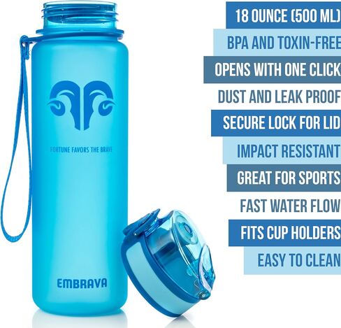 Embrava Best Sports Water Bottle - 17oz Small - Eco Friendly & BPA-Free Plastic - For Running, Gym, Yoga, Outdoors and Hiking - Fast Water Flow, Flip Top, Opens With 1-Click - Leak-proof Lid in Saudi Arabia