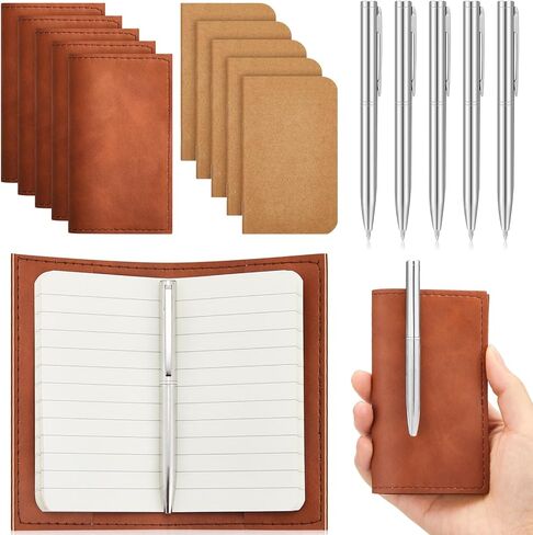 Outus 15 Pcs Small Pocket Notebook Set Includes 5 Pcs Mini PU Leather Pocket Notepad Holder 5 Pcs Small Kraft Notebook Refills 5 Pcs Metal Ballpoint Pens for Worker Students Journals Writing Supplies in Kuwait