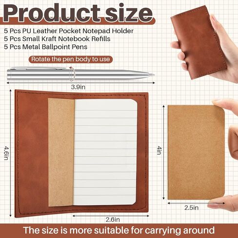 Outus 15 Pcs Small Pocket Notebook Set Includes 5 Pcs Mini PU Leather Pocket Notepad Holder 5 Pcs Small Kraft Notebook Refills 5 Pcs Metal Ballpoint Pens for Worker Students Journals Writing Supplies in Kuwait