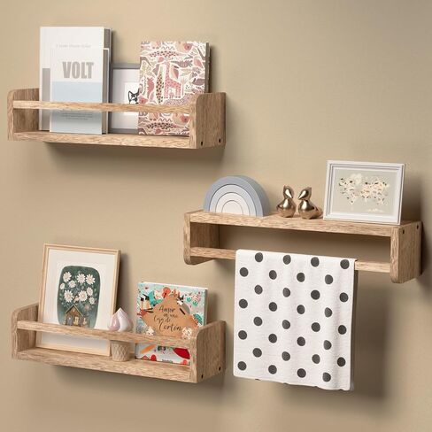 15 Inches Nursery Bookshelves, Floating Kids Bookshelves for Wall Set of 2, Baby Room Wall Decor, Wall Mounted Wood Shelves for Books, Toys and Wall Storage - Rustic Brown in Saudi Arabia