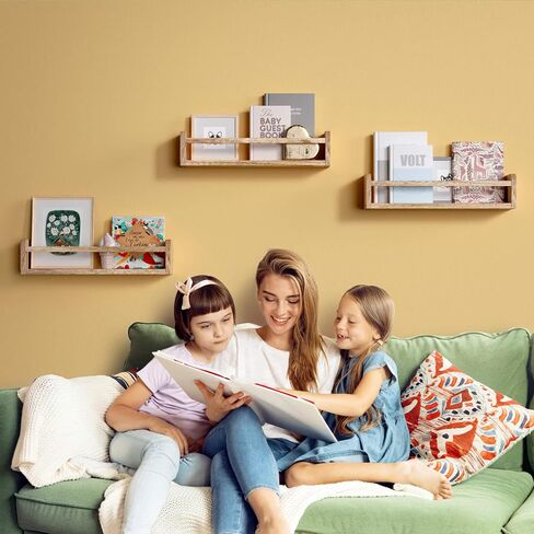 15 Inches Nursery Bookshelves, Floating Kids Bookshelves for Wall Set of 2, Baby Room Wall Decor, Wall Mounted Wood Shelves for Books, Toys and Wall Storage - Rustic Brown in Saudi Arabia