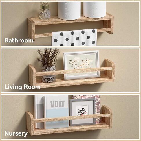 15 Inches Nursery Bookshelves, Floating Kids Bookshelves for Wall Set of 2, Baby Room Wall Decor, Wall Mounted Wood Shelves for Books, Toys and Wall Storage - Rustic Brown in Saudi Arabia